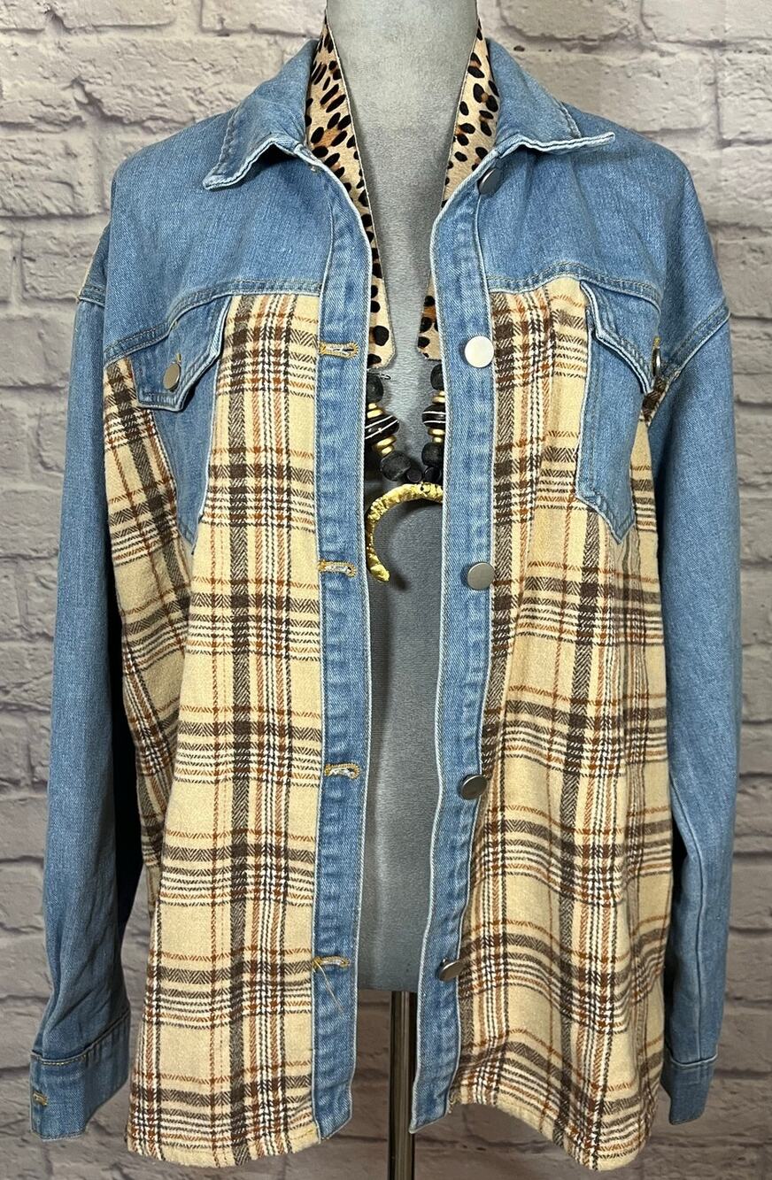 NWT Kancy Kole Boho Patchwork Flannel and Denim Shacket/Jacket